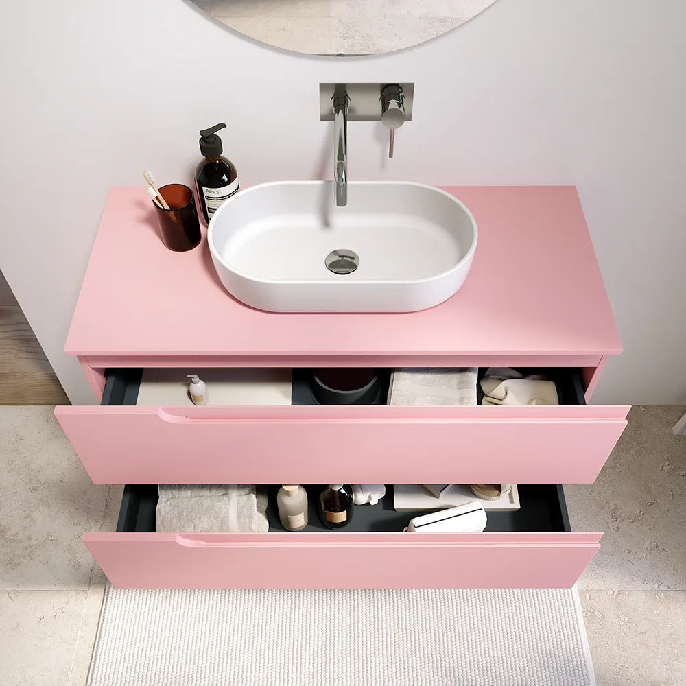 Mobile bagno sospeso 60 cm due cassetti rosa cipria opaco con top | Ardenne