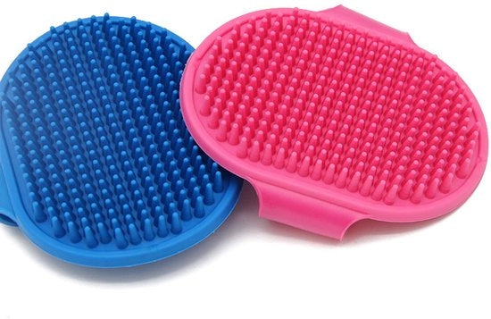 Borsetto per cani, Set di due borsetti per animali domestici, Borsetto, Massaggio morbido, Kam in gomma, 2 pezzi con anello regolabile per cani e gatti con pelo lungo e spesso (blu + rosa)