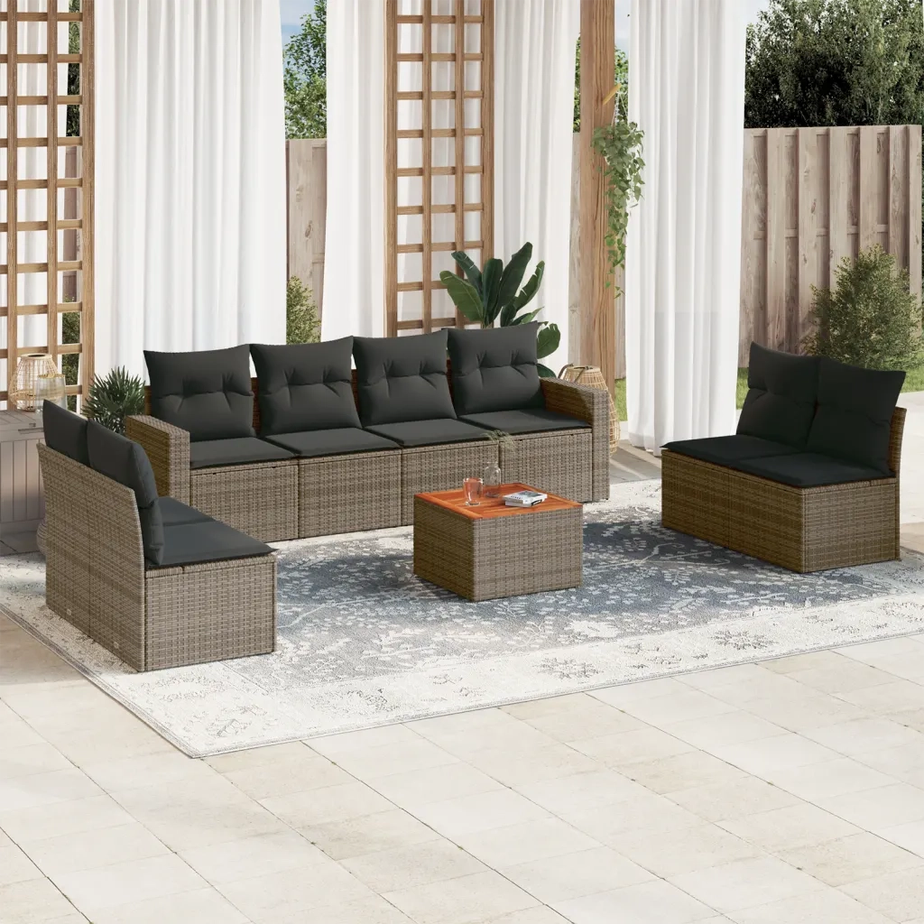 Set Divano da Giardino 9 pz con Cuscini Grigio in Polyrattan 3224086