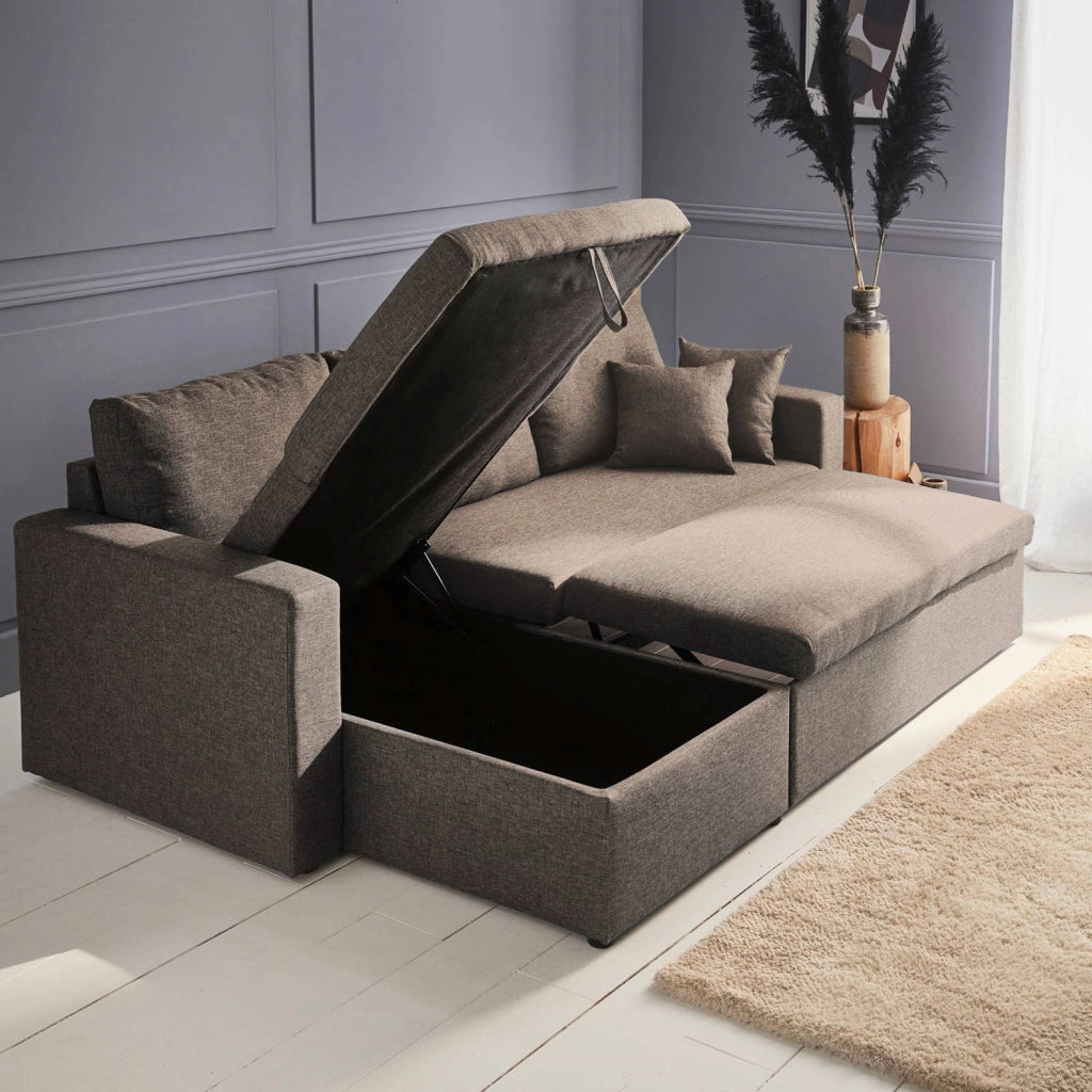 Divano letto angolare reversibile con contenitore, 3 posti, marrone