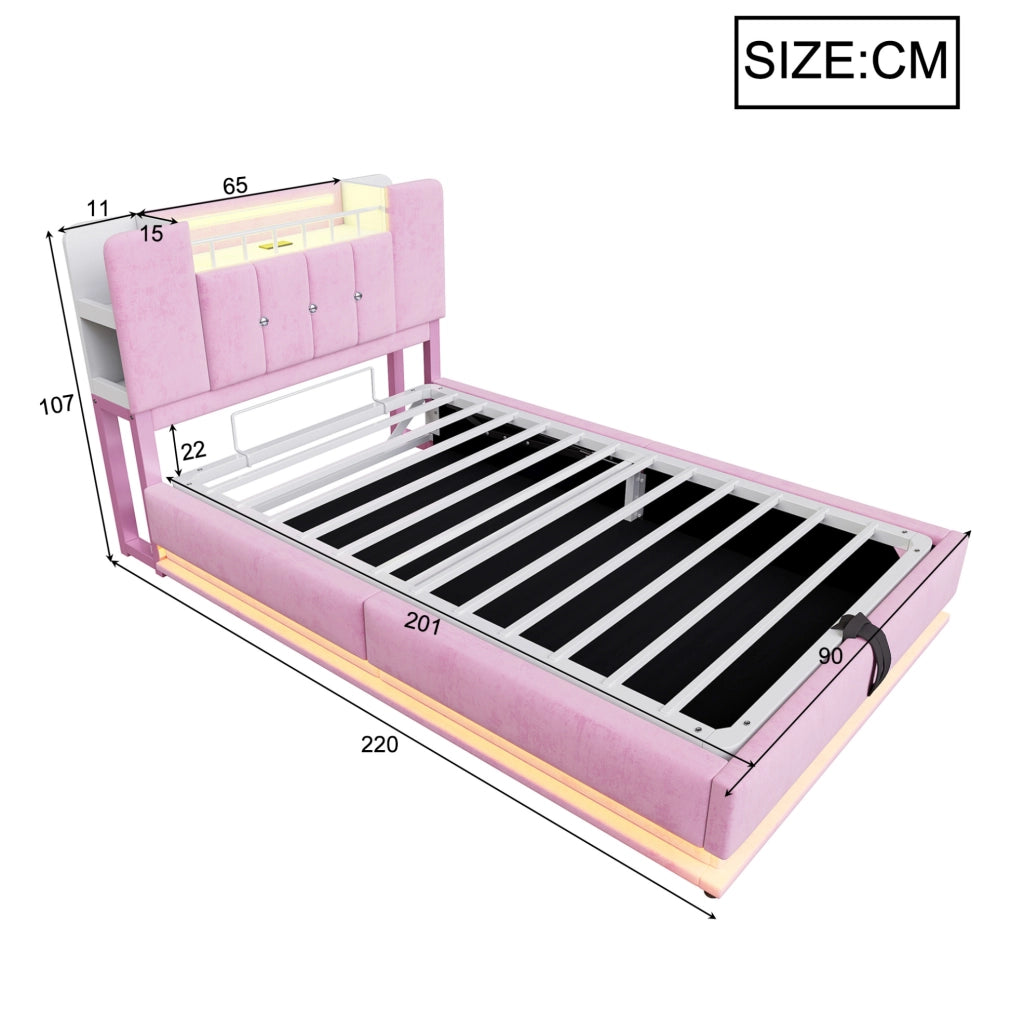 Letto imbottito per bambini 90x200 cm con LED; USB e contenitore idraulico; velluto rosa