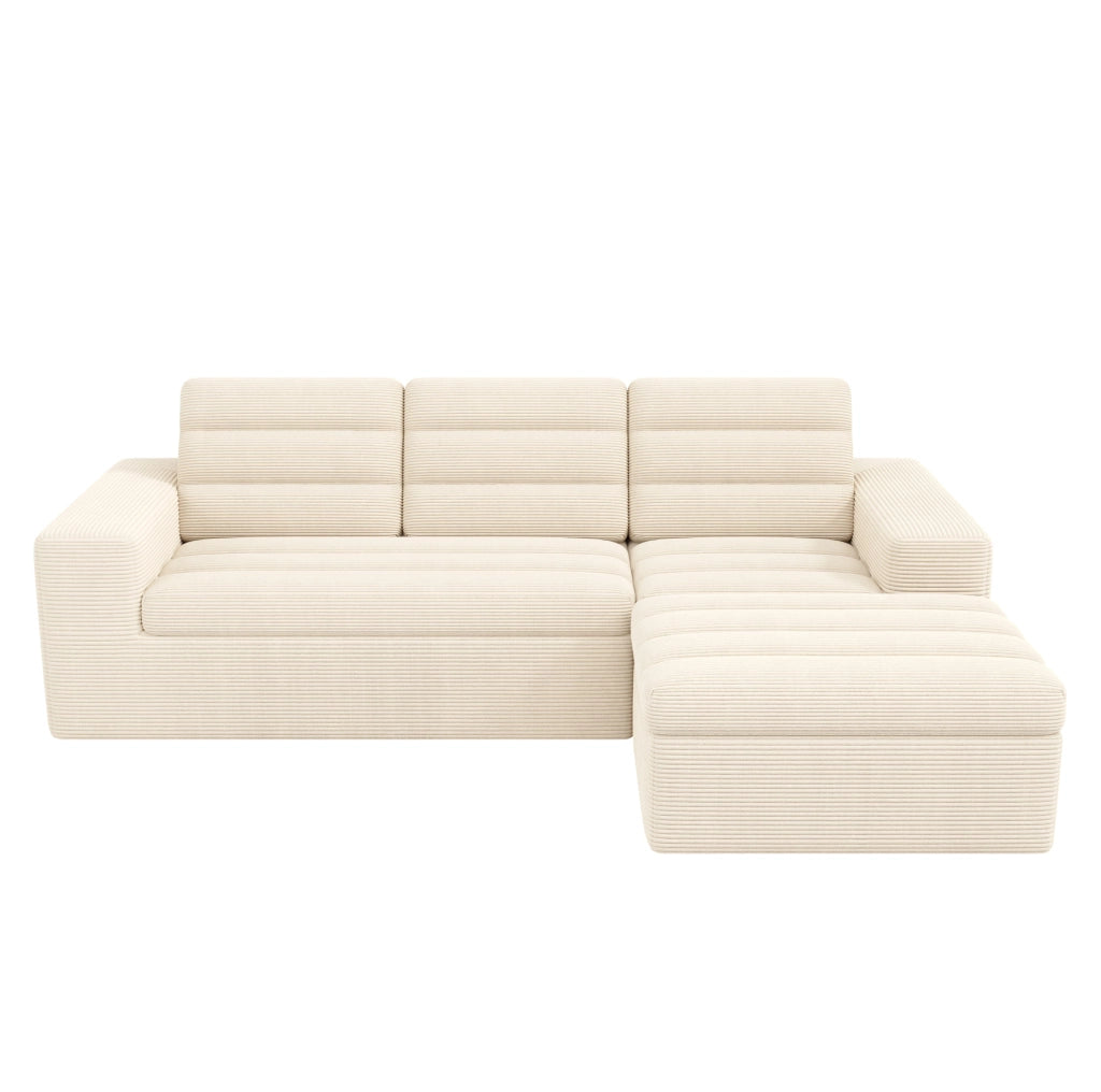 Divano modulare angolare con pouf in velluto a coste beige