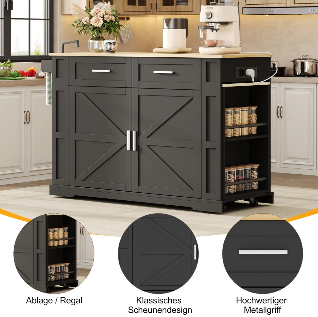 Isola cucina mobile con piano estraibile e prese USB, nero/rovere