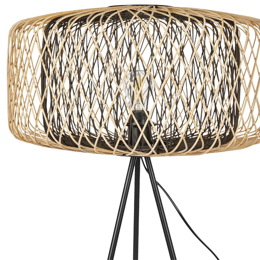 Lampada da terra a stelo in bambù con paralume aperto e base in metallo 120 cm naturale e nera soggiorno stile boho