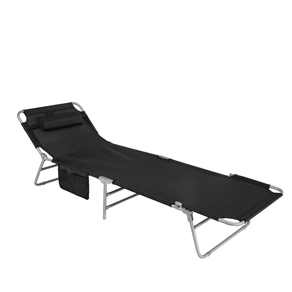 SoBuy Sdraio da Giardino Reclinabile Lettino Prendisole con Cuscino e Tasca Laterale Sedia Sdraio da Esterno per Patio Campeggio Spiaggia Sdraio Pieghevole da Giardino Nero 155x56x81cm OGS35-SCH