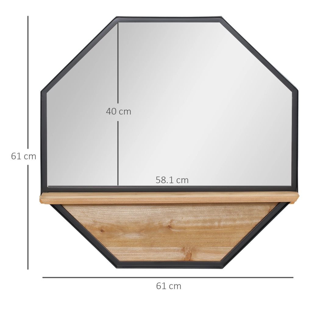 EasyComfort Specchio da Parete Ottagonale in Metallo con Mensola in Legno, 61x61cm Nero