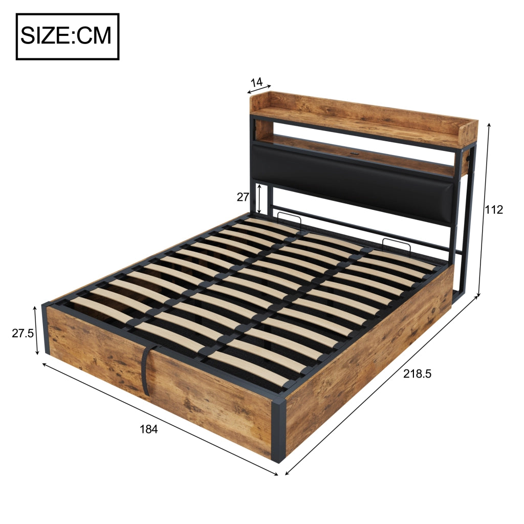 LETTO Contenitore 180x200 cm Nero in Metallo e Legno con USB
