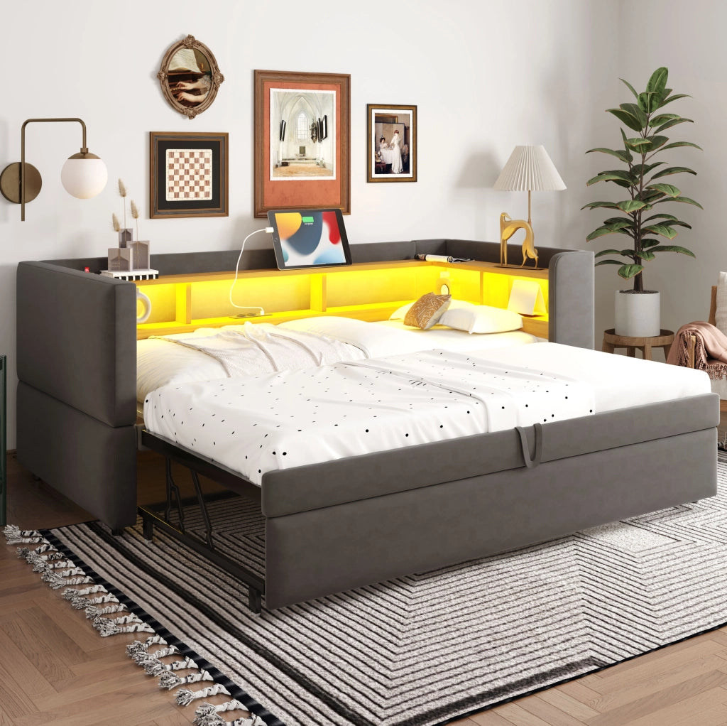 Divano Letto Imbottito 90/180x190 cm con LED, Prese e Ripiani, Grigio Scuro, Multifunzionale