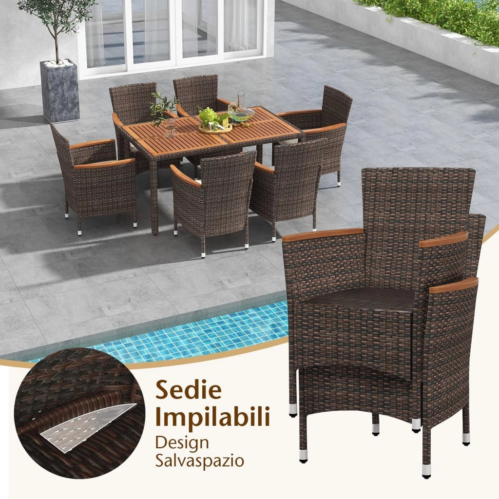 7 Pezzi Set di Mobili da Pranzo, Set Mobili da Giardino in Rattan PE con Piano in Legno di Acacia, 6 Sedie Impilabili e Cuscini Impermeabili, per Giardino Piscina e Cortile