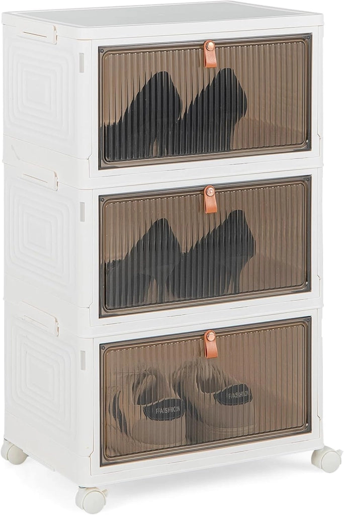 Scarpiera Pieghevole a 3/4/6 Piani, Mobile Multiuso Impilabile con Porte Trasparenti Magnetiche e Ruote Piroettanti Bloccabili, Contenitore con Coperchio per Cibi Giocattoli Abiti (3 Piani)