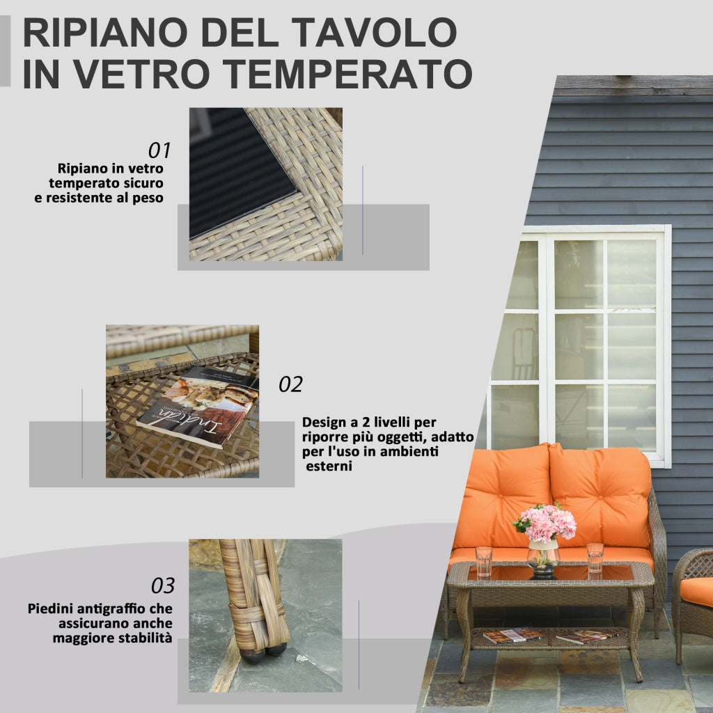 Easycomfort Set Mobili da Giardino in Rattan PE con 2 Poltrone Divano a 2 Posti e Tavolo e Cuscini, Colore Khaki e Arancione