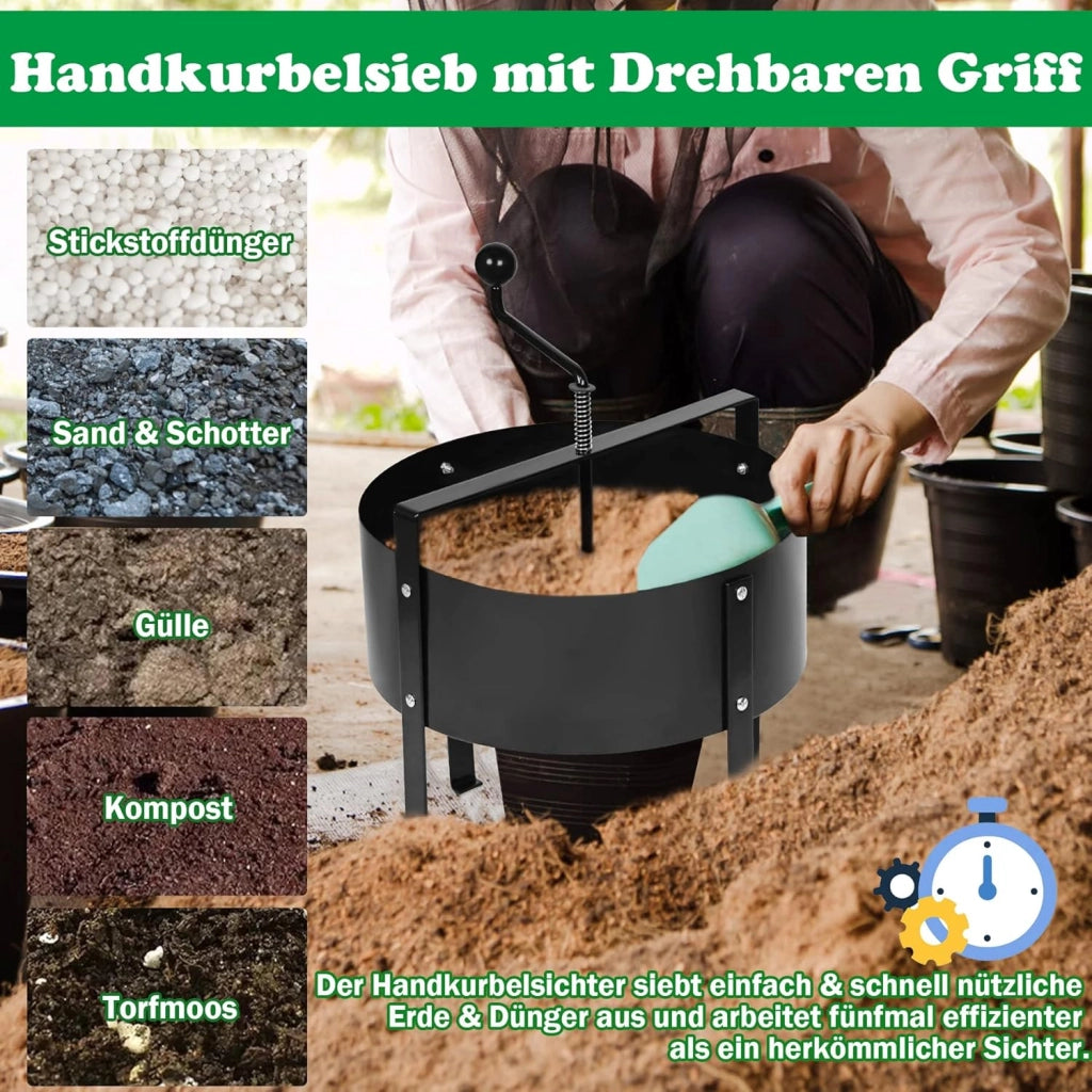 Colino per compost da giardino, 40 x 45 cm, colino a manovella, con manici, colino per terra, prato, giardino