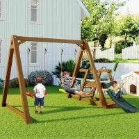Altalena in legno doppia per bambini con scivolo e scala da arrampicata, 239x240x169 cm, colore naturale