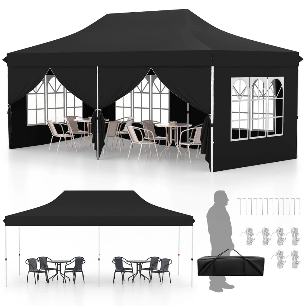 Tenda a scomparsa 3x6m con 6 pareti laterali rimovibili borsa da trasporto, Tenda gazebo pieghevole per feste Nero-Gazebo