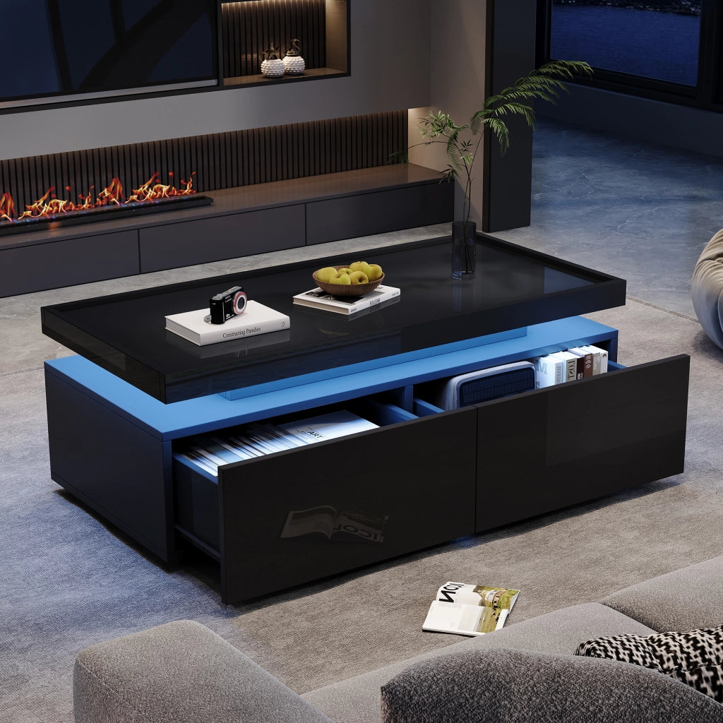 OKWISH Tavolino da Salotto con 2 Cassetti e Vano Semiaperto, LED con Controllo da App, per Soggiorno, Pannello di Truciolare, Nero, 95 x 45 x 35 cm