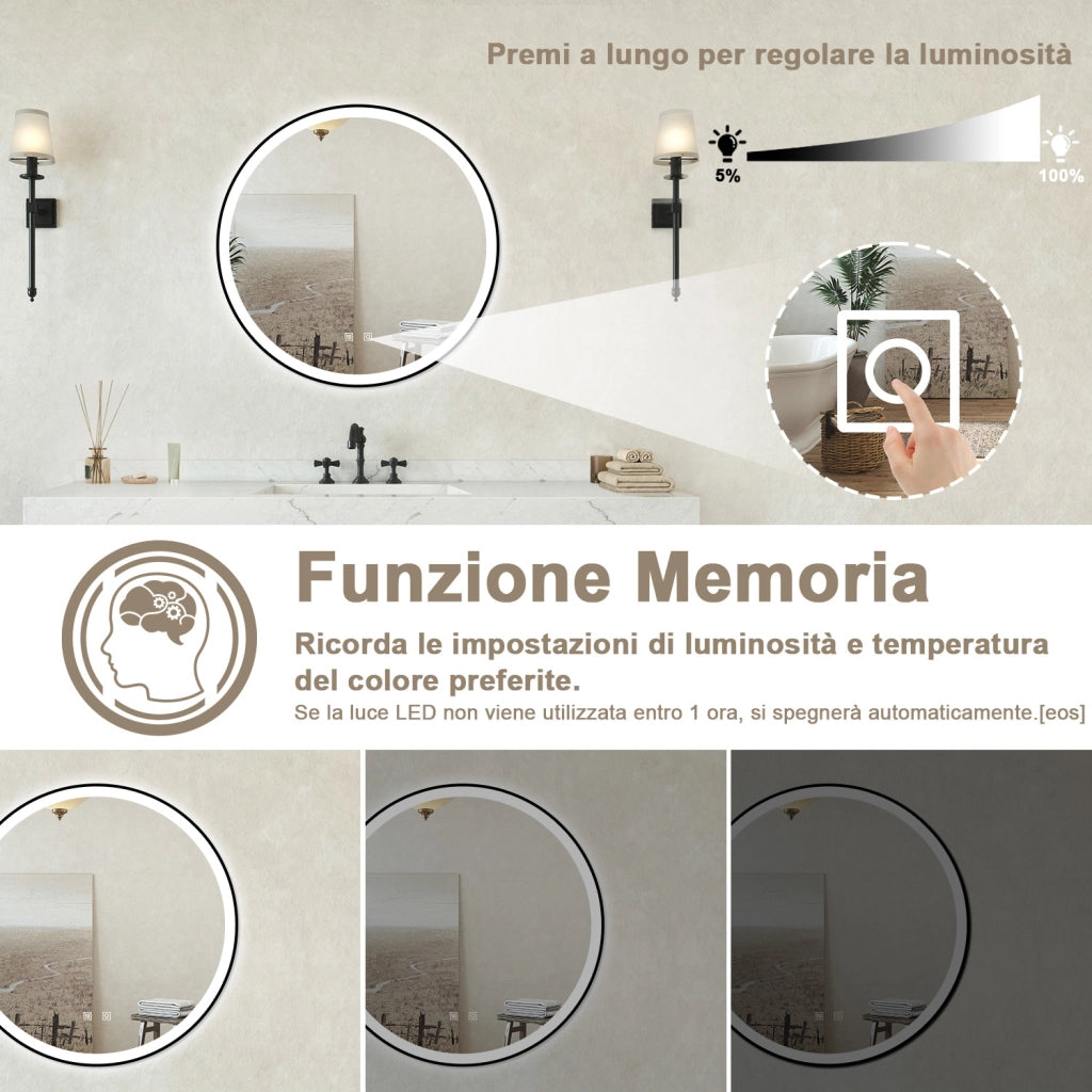 Specchio bagno Tondo Diametro 60cm Retroilluminato Con Led, Antiappannamento + 3 Luci