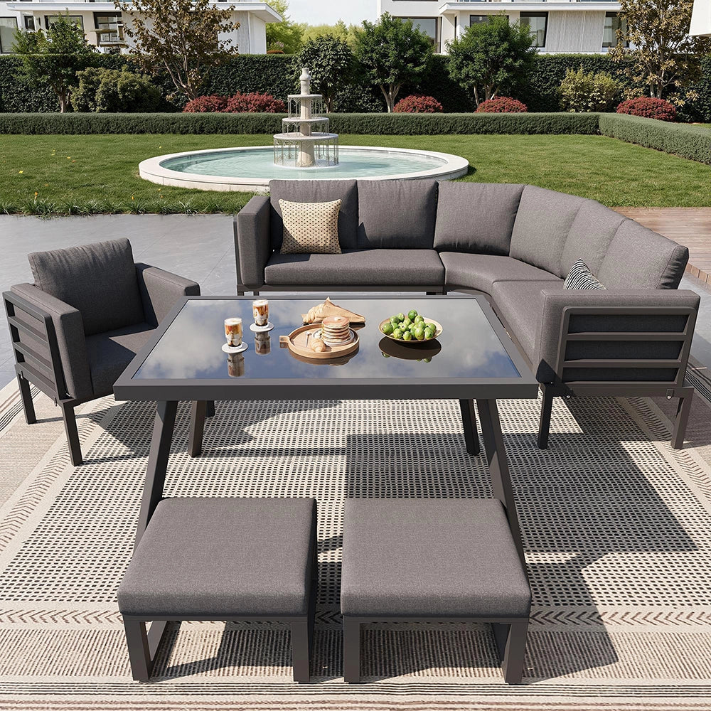 Set di sedie da giardino a mezzaluna per 8 persone - Xylo - Struttura in ferro robusta con cuscini grigi, include tavolo in vetro, 1 poltrona e 2 sgabelli, resistente alle intemperie