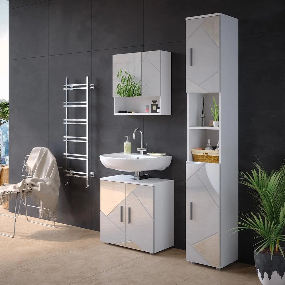 Set mobili bagno Irma, Bianco lucido con inserti, 80 cm, composto da mobile sottolavabo, specchiera e colonna alta