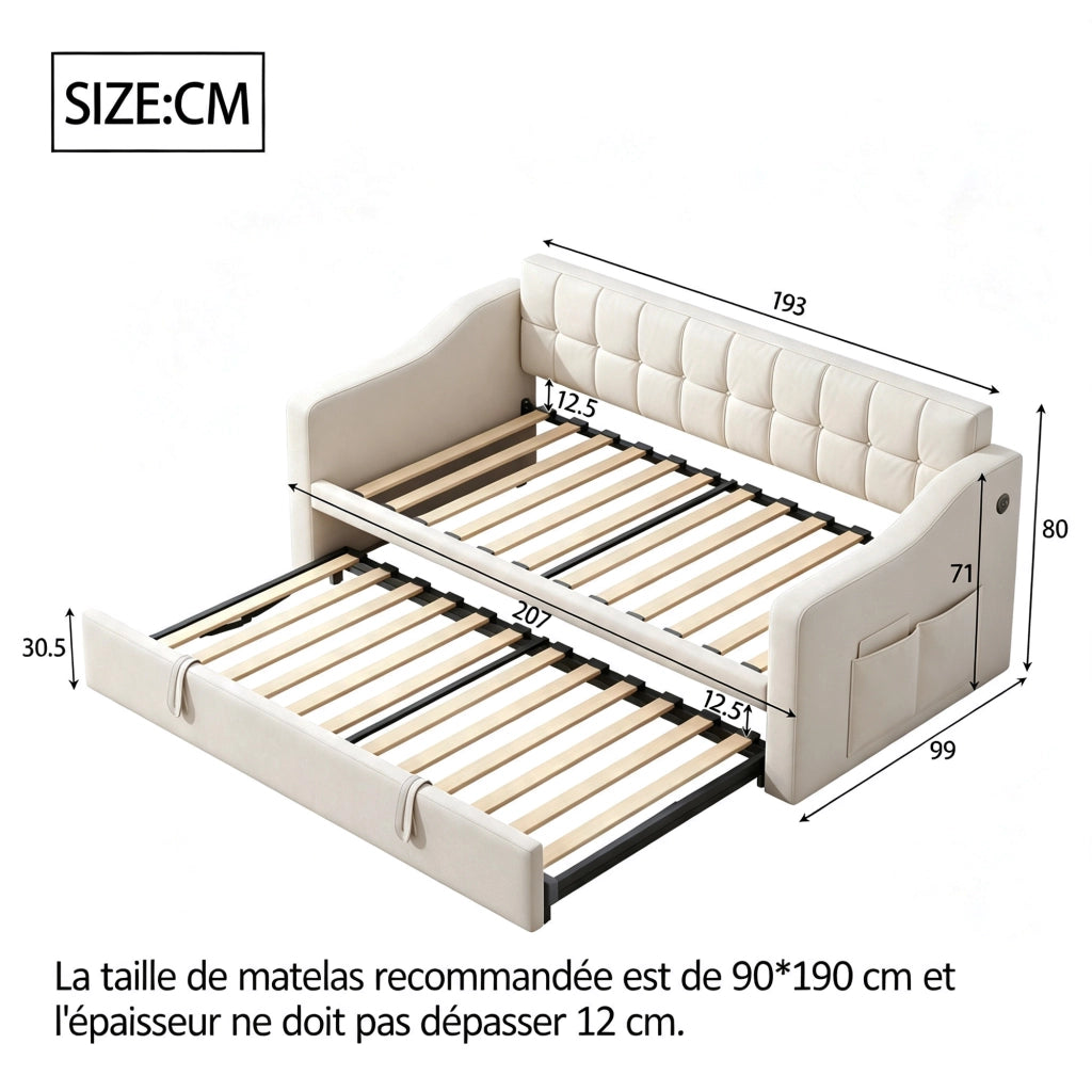 Letto divano estensibile 2 in 1 90x190/180x190 cm imbottito con USB e presa elettrica; velluto beige
