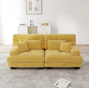 Divano modulare in chenille gialla con seduta profonda e cuscini; stile cloud