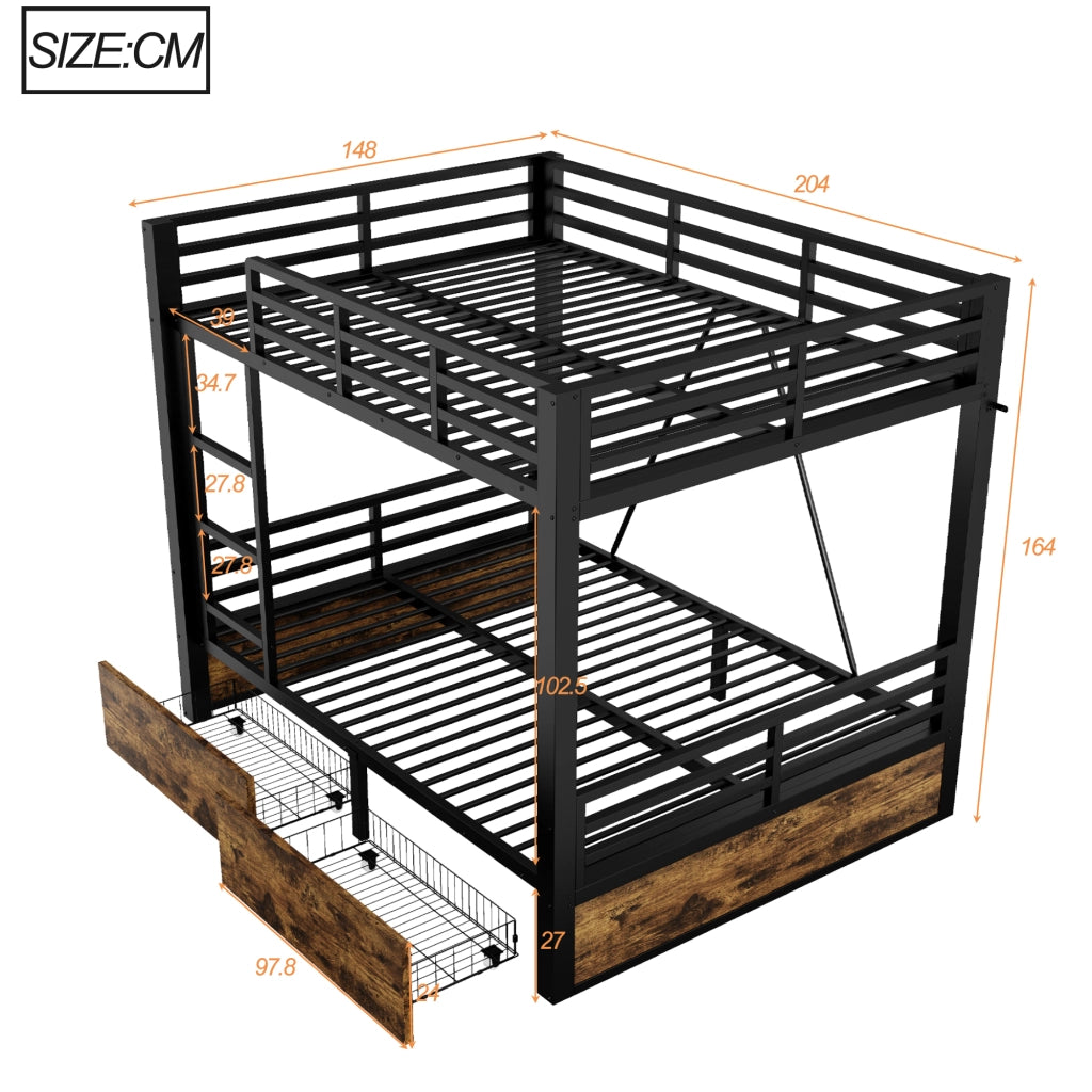 Letto a castello matrimoniale 140 × 200 cm con cassetti, scala e barriere di sicurezza, senza materasso, nero