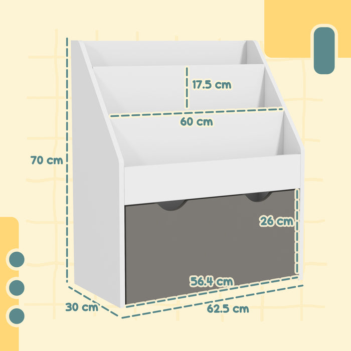 Libreria per Bambini 3-8 Anni 62.5x30x70 cm a 3 Ripiani con Cassetto Inferiore in MDF Grigio
