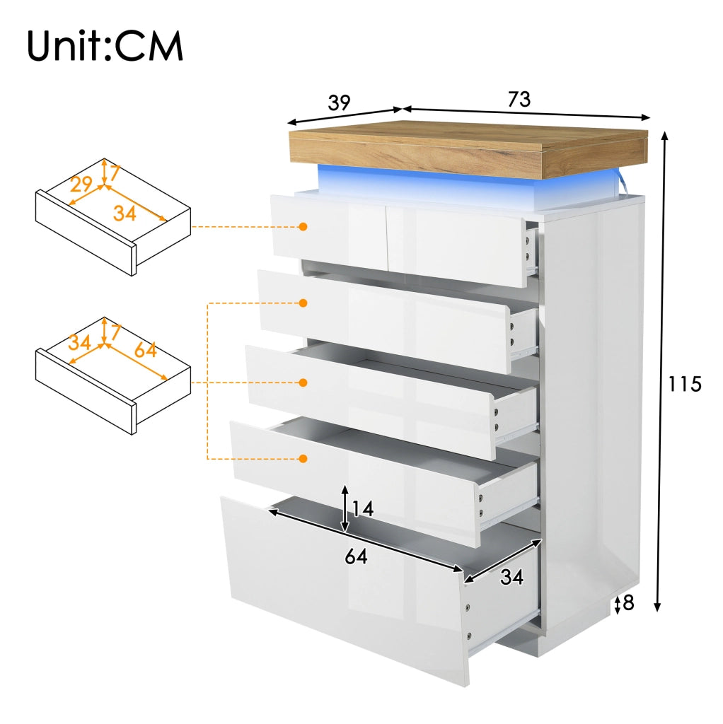 Cassettiera bianca lucida con 6 cassetti e LED controllabile da app, 73×39×115 cm