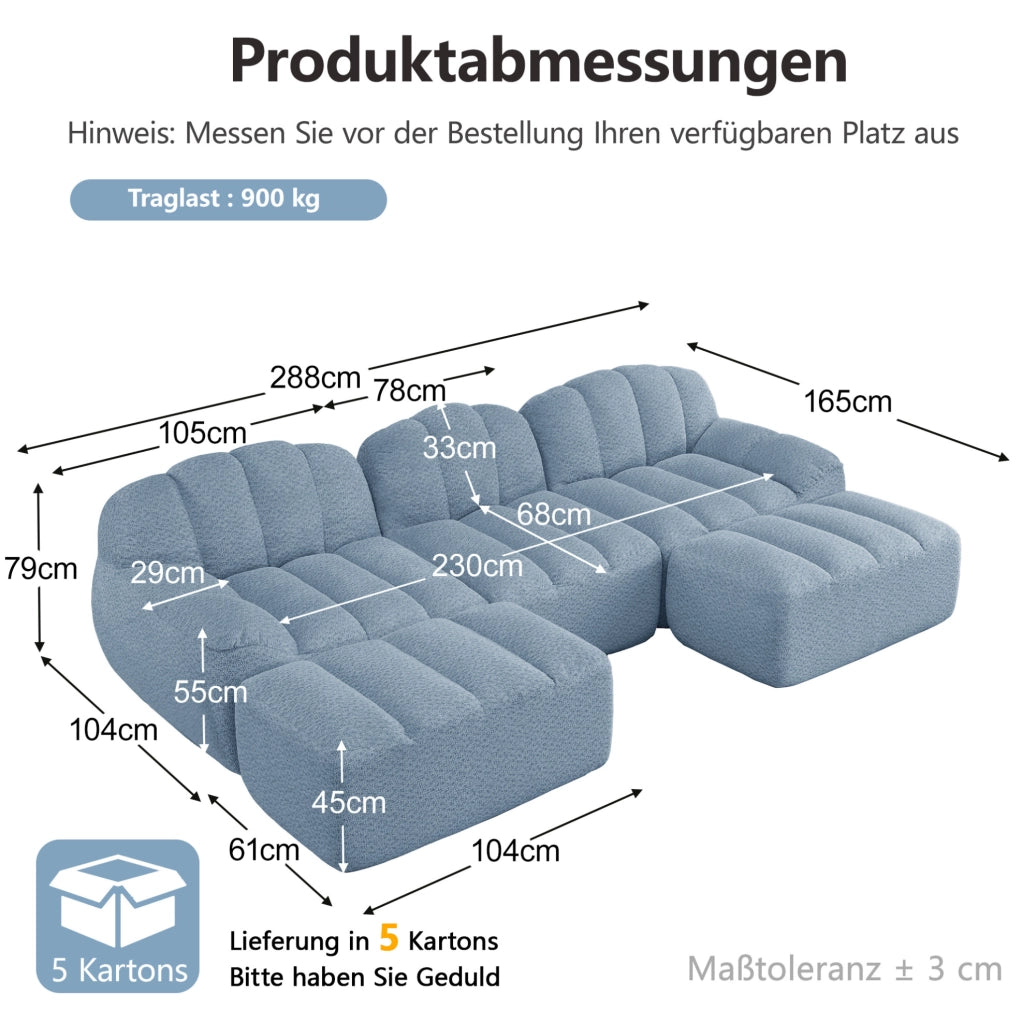 Divano modulare 3 posti con 2 pouf; 288x165x79 cm; in fleece granulare blu