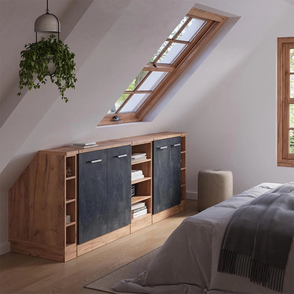 Set di mobili sottotetto Rion, Calcestruzzo nero, 210 cm Set di 5 carcasse armadio profondità 60 cm, adatto per il salvaspazio sotto tetti spioventi