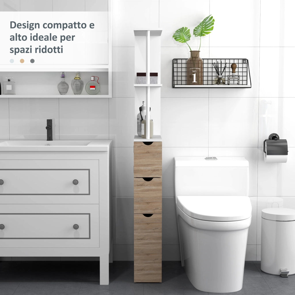 Mobile Colonna Bagno Salvaspazio  15x33x136 cm con Armadietto e Ripiani Legno e Bianco