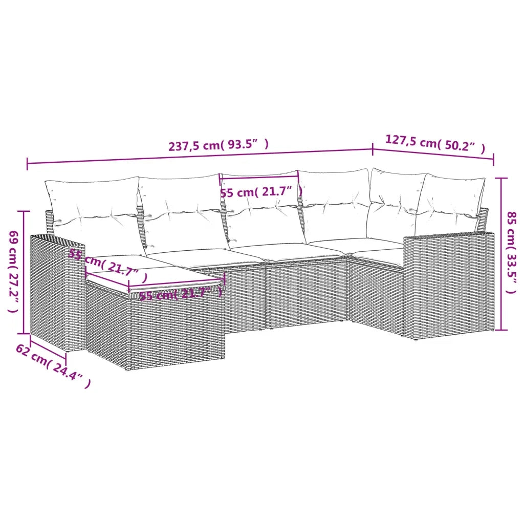 Set Divano da Giardino 6 pz con Cuscini Nero in Polyrattan 3219246