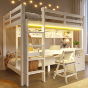 Letto a castello 140x200 e 90x200 cm con scrivania; cassetti e LED; bianco