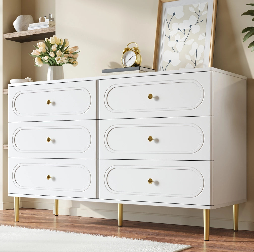 Credenza ULEVR 120x40x75 cm con 6 cassetti e piedini in metallo, bianca