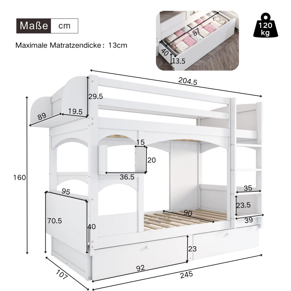 LETTO A CASTELLO con scrivania pieghevole, scaffale e 2 cassetti 90x200 cm Bianco
