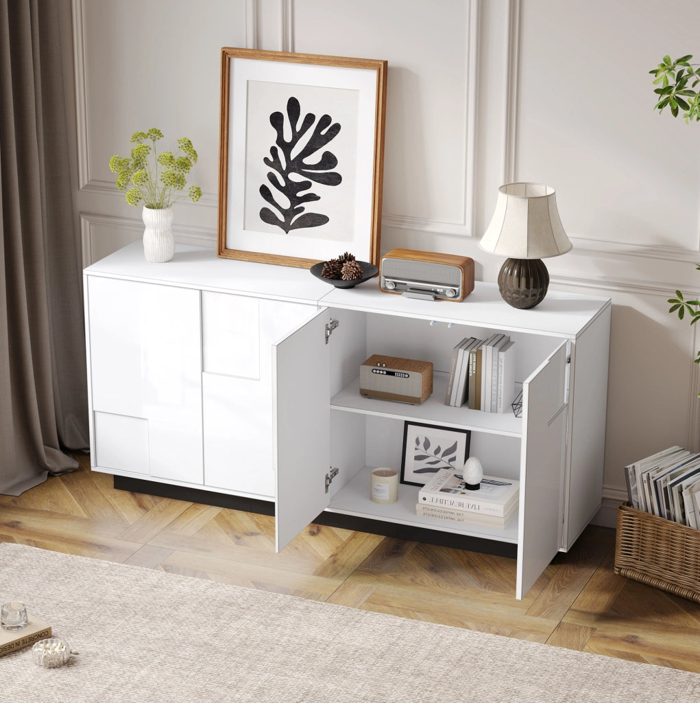 Credenza 160x37x75.5 cm con 4 ante geometriche lucide e push to open in truciolare bianco e nero