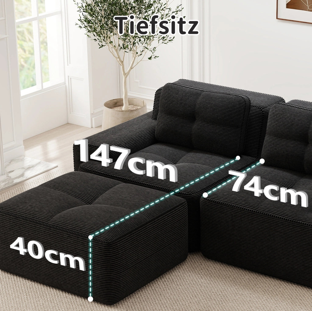 Divano modulare con chaise longue; 4 posti; corduroy; nero; 382x177x69 cm