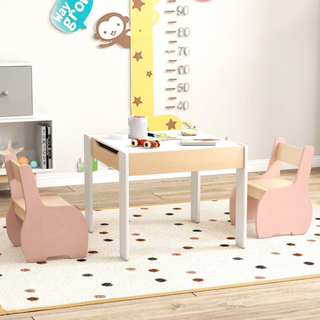 Tavolo sedie ragazzi lavagna rimovibile e scaffale bambini legno 2 livelli-Set tavolo sedie bambini e libreria legno bambini