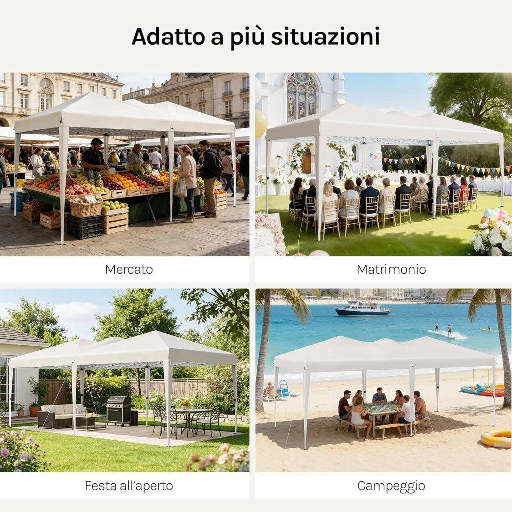 Gazebo Esterno Resistente 3x6 m, Tendone da Giardino con 6 Pareti Rimovibili, Sistema Pop-Up, Altezza Regolabile, Borsa da Trasporto, per Campeggio, Festa, Matrimonio, Beige