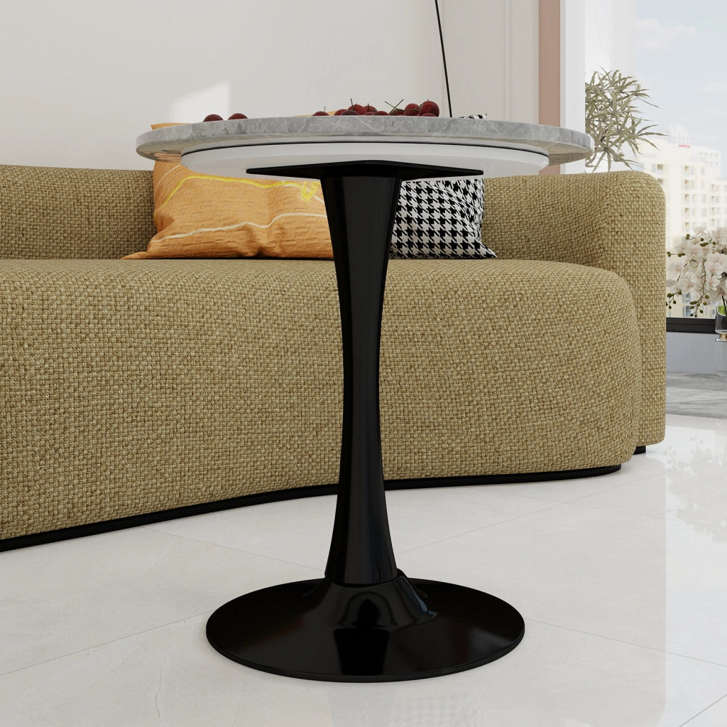 Tavolino rotondo con design moderno; in marmo artificiale nero e grigio