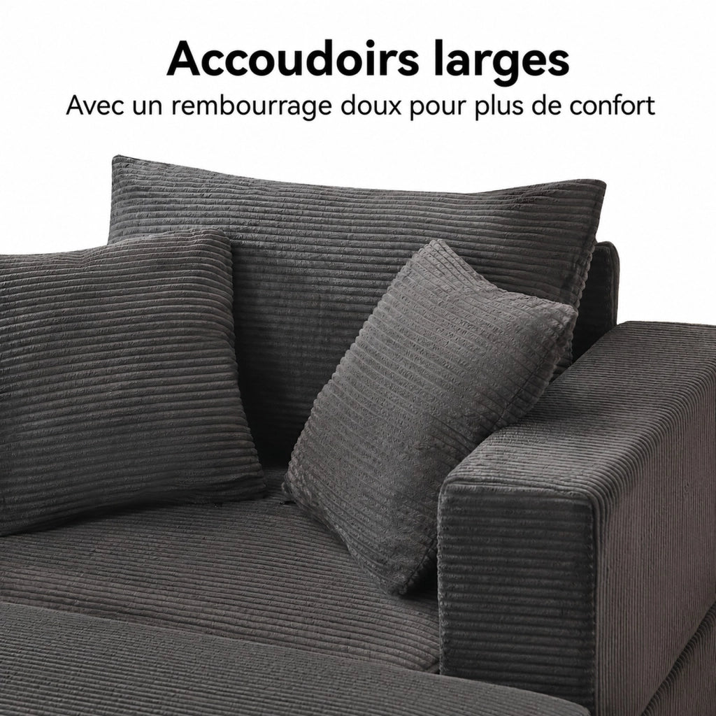 Chaise longue con contenitore e 3 cuscini per soggiorno e camera, in metallo e legno grigio, 107 × 74 × 57 cm