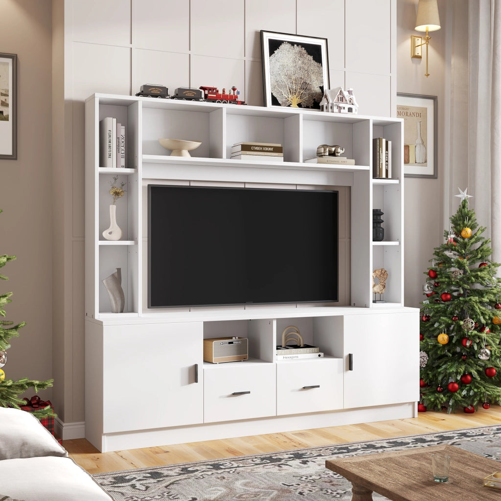 Mobile porta tv con 2 ante, 2 cassetti e 11 vani, per soggiorno, in pannello truciolare, bianco, 180 × 35 × 170 cm