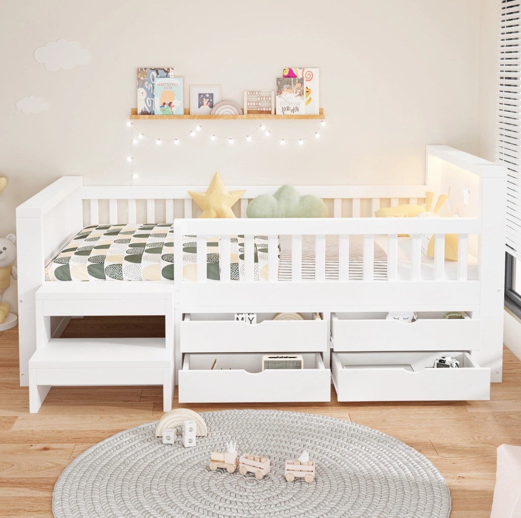 Letto bambini 90x200 cm in legno bianco con sponde; cassetti; scala e LED