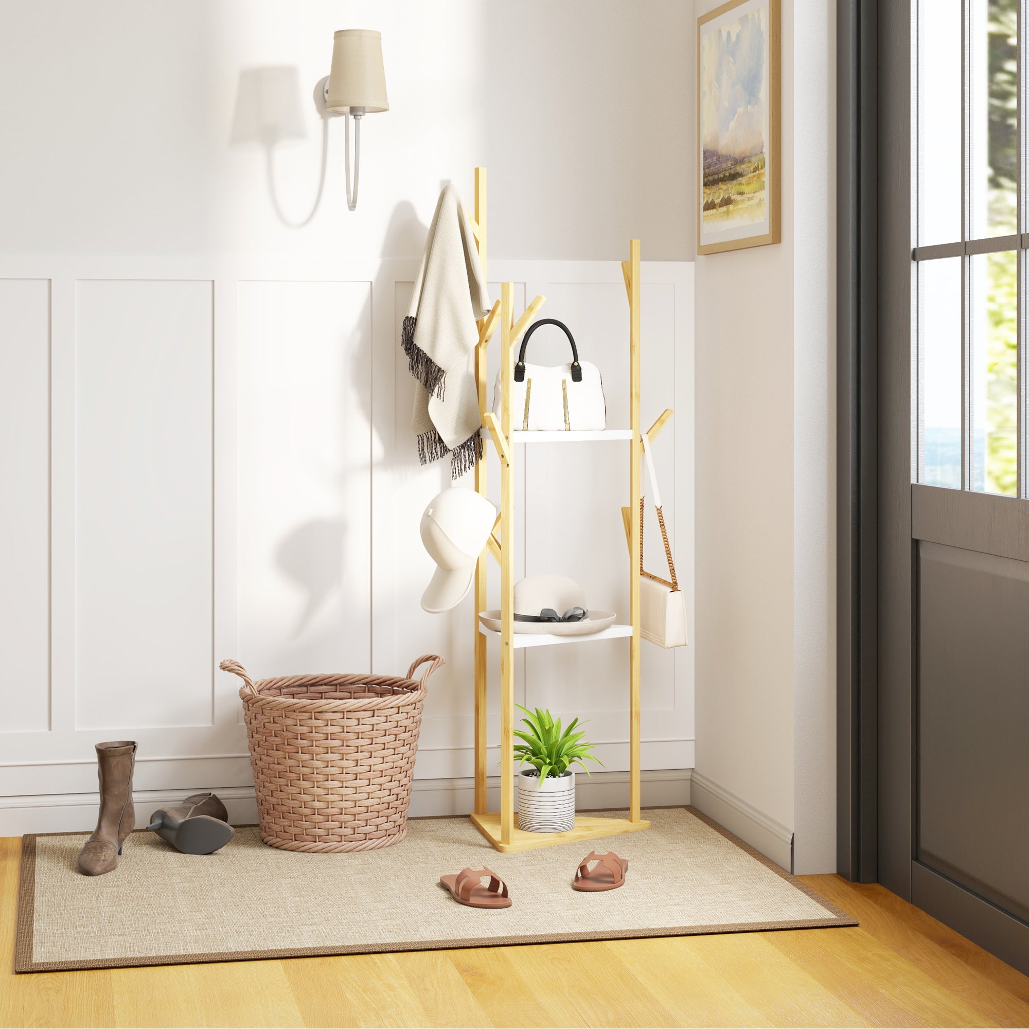 Albero Appendiabiti da Terra 45x45x170 cm con 8 Ganci e 3 Ripiani in Bambù Naturale e Bianco