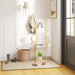 Albero Appendiabiti da Terra 45x45x170 cm con 8 Ganci e 3 Ripiani in Bambù Naturale e Bianco