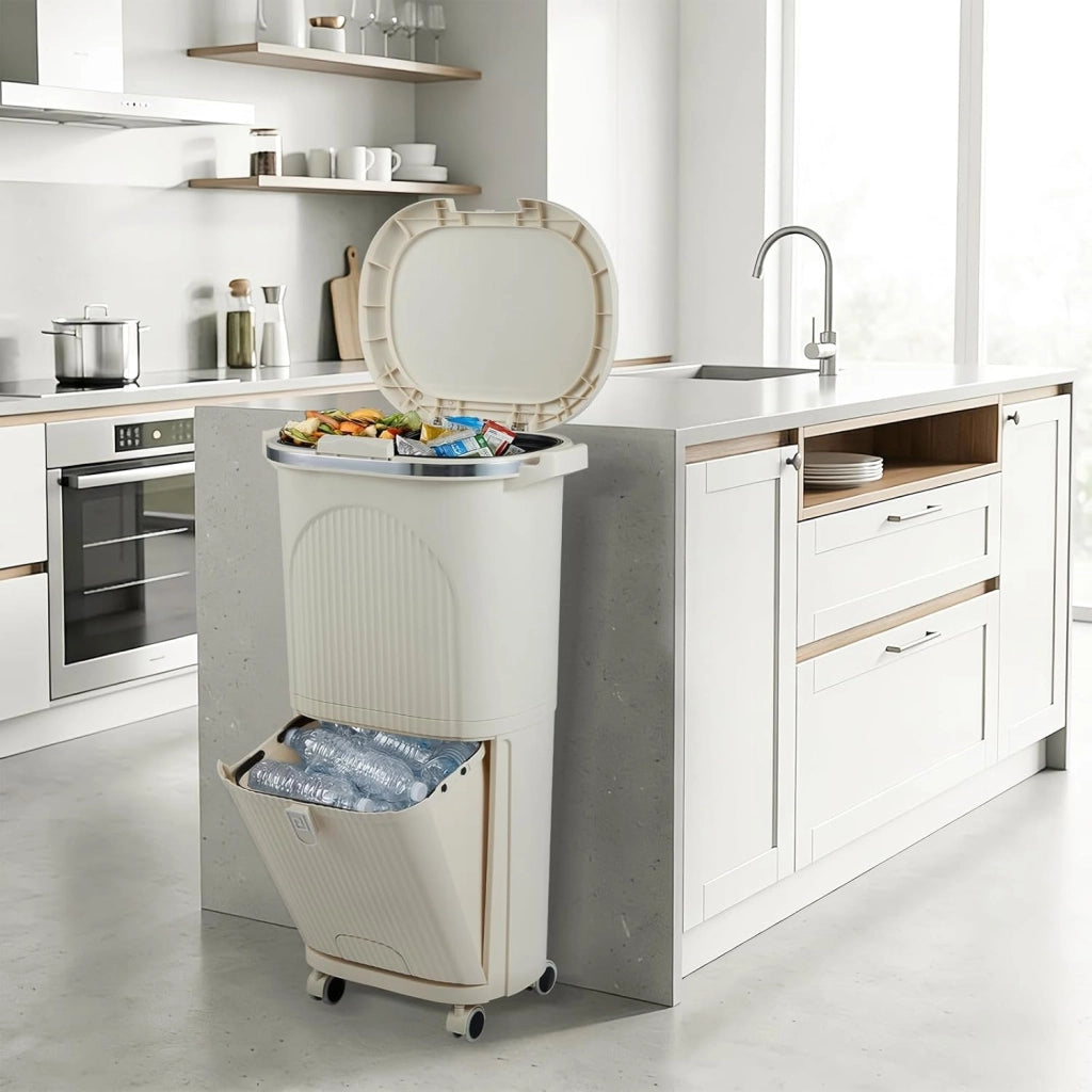 Pattumiera da cucina a 3 scomparti, 38 l, pattumiera con ruote, pattumiera a pedale con coperchio, pedale e manico, a doppio piano, in plastica, sistema di raccolta differenziata della