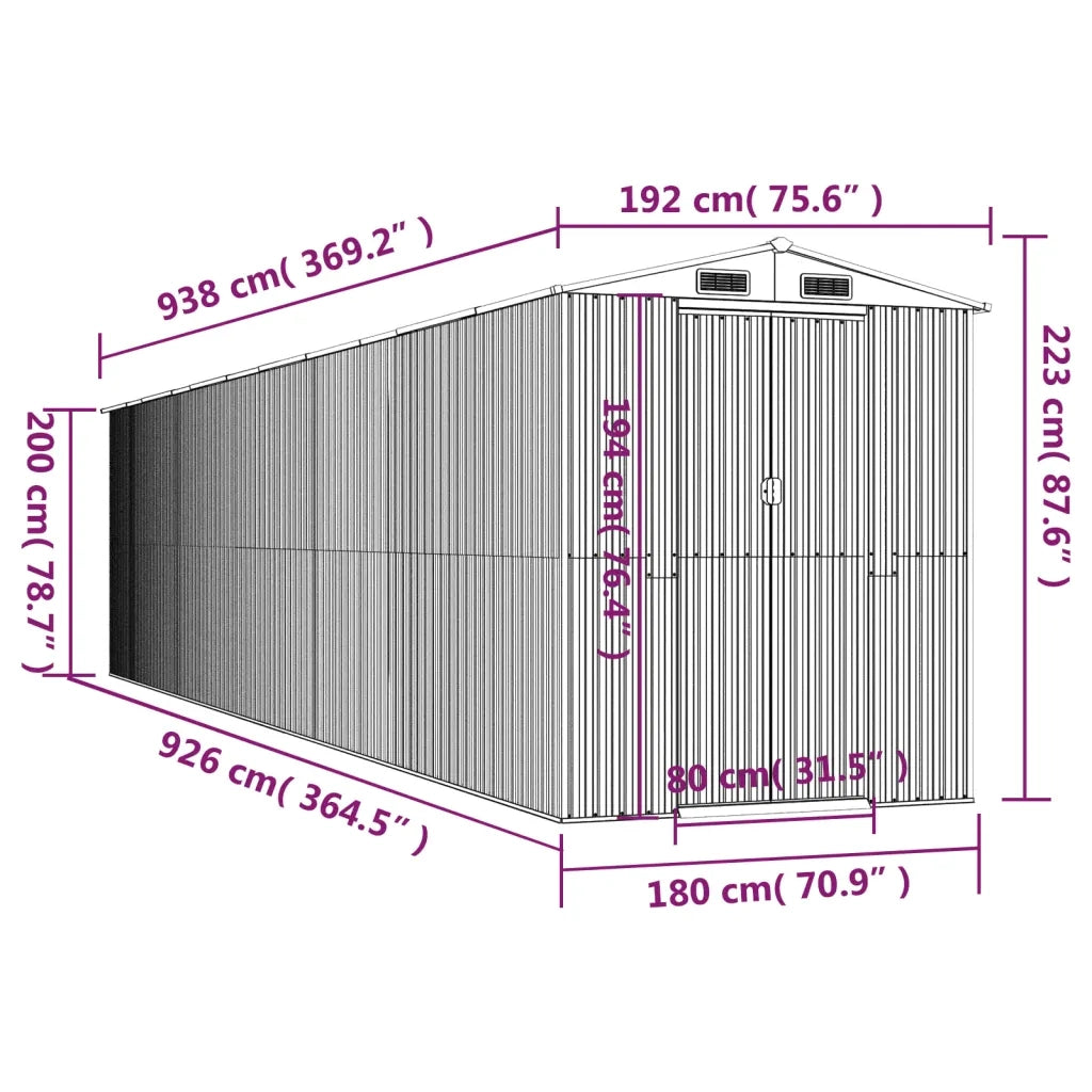 Capanno da Giardino Antracite 192x938x223 cm in Acciaio Zincato cod mxl 65865
