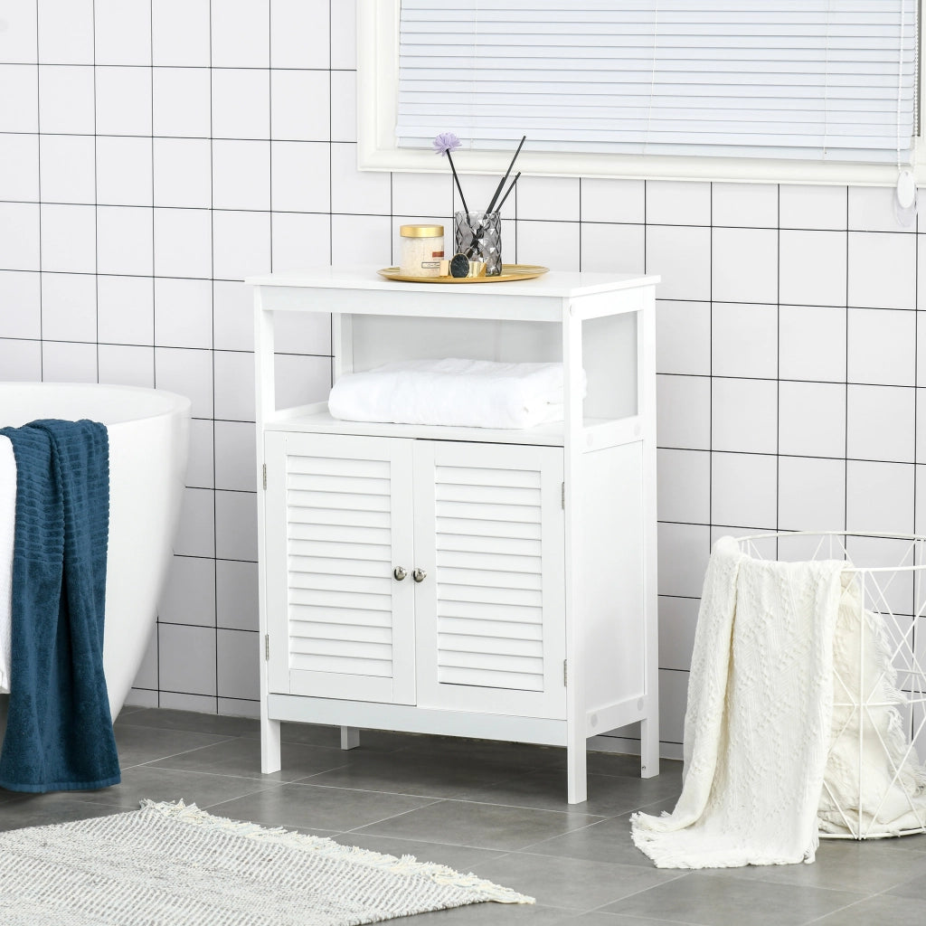Armadietto Bagno con 2 Ante a Persiane e Ripiano Aperto ¨C Zephmum ¨C 60x30x81,6 cm Bianco