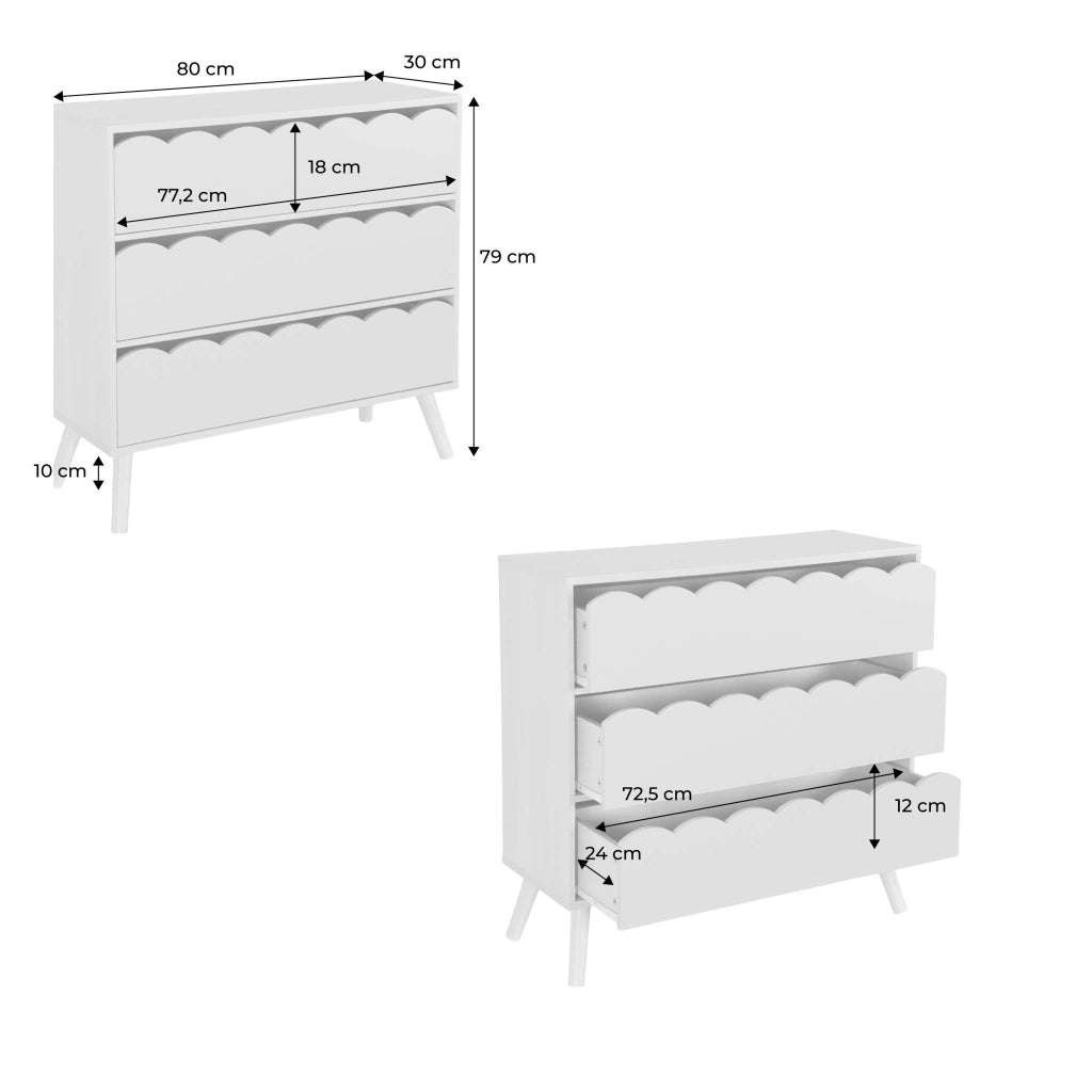 Cassettiera per bambini effetto legno 3 cassetti, bianco