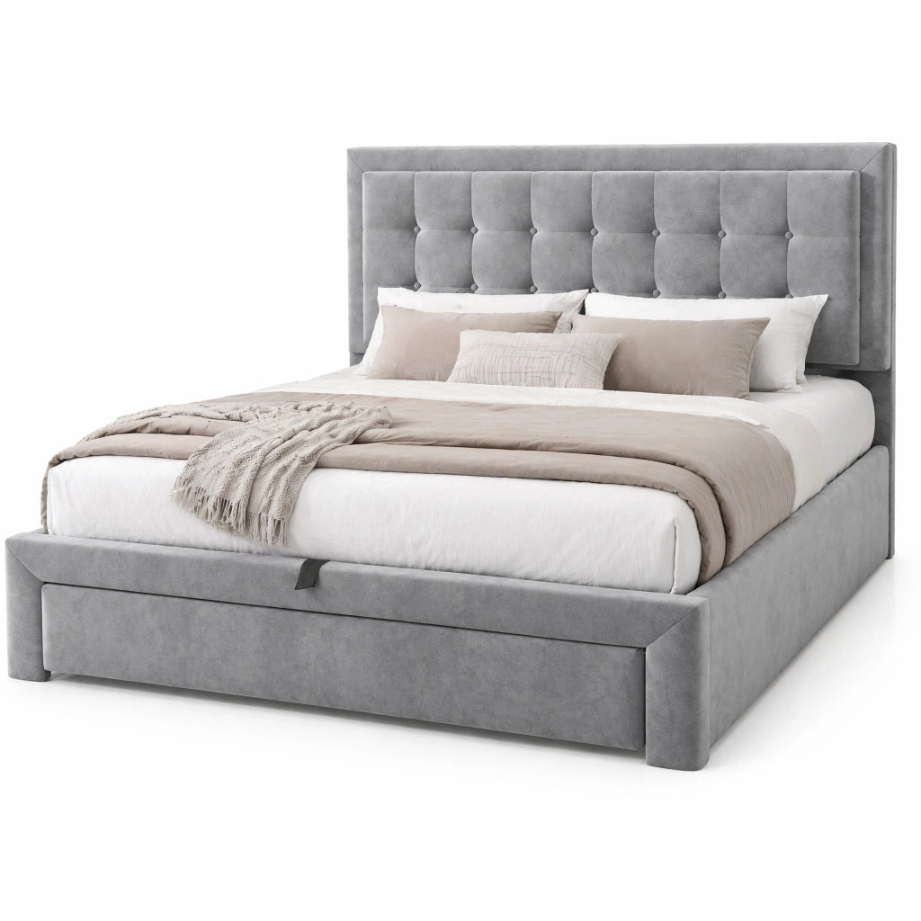 Letto imbottito 140x190 cm in velluto grigio con testiera regolabile, contenitore idraulico e cassetti