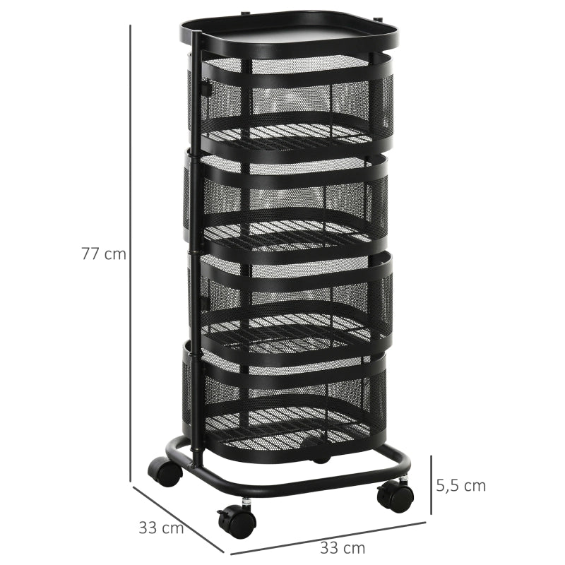 Carrello da cucina con 4 cestelli e ripiano superiore, ruote girevoli, per cucina e camera da letto, nero, 33 × 33 × 77 cm